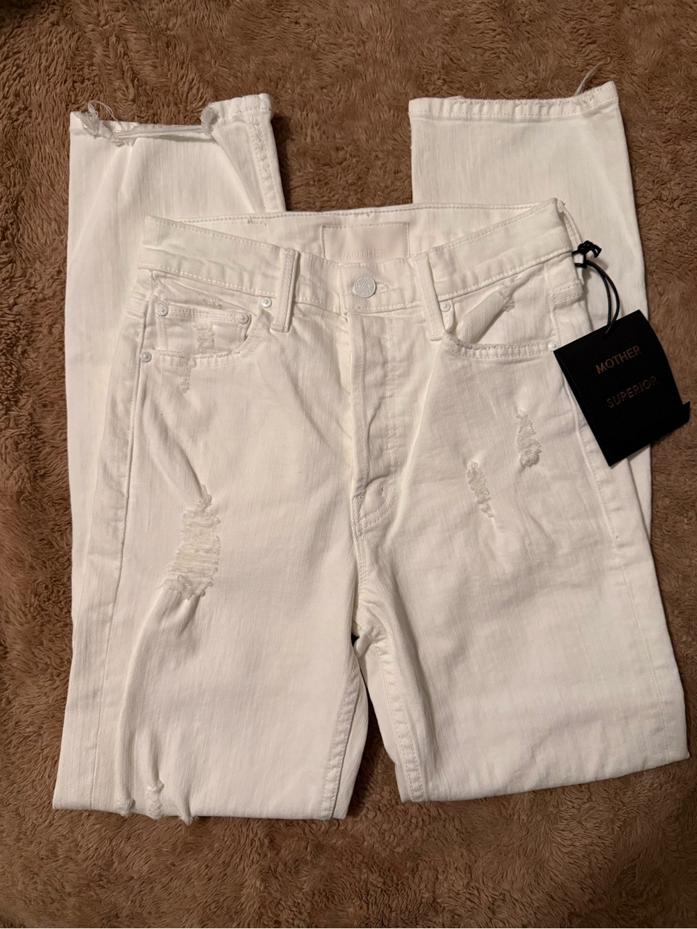MOTHER White Jeans with Subtle Distress and Branded Tag